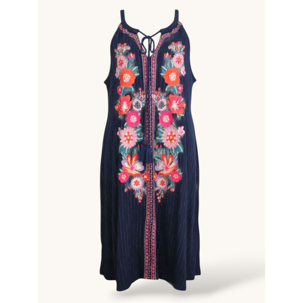 Savanna Jane 2X Embroidered Boho Dress Plus Size Navy Floral Tassel Midi